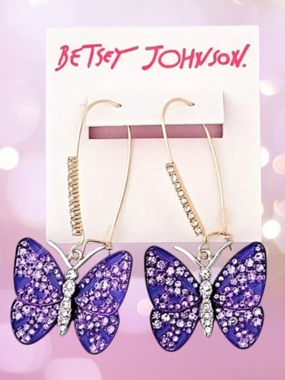 Betsey Johnson Purple Crystal Butterfly Drop Earrings
